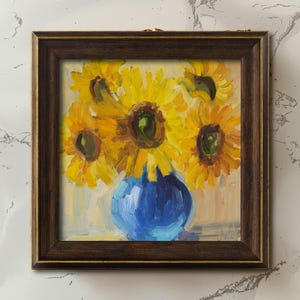 Sunflowers Painting in Frame Bouquet in Vase Original Wall Art Abstract Flowers Oil Painting 8x8'' by Nataly Mak