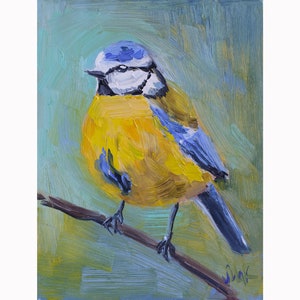 Blue Tit Oil Painting Bird Original Small Wall Art Chickadee  Painting Impasto Artwork 8x6'' by NatalyMak