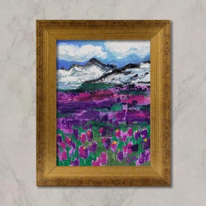 Mount Shasta Oil Painting: Crocus & Mountain Flowers, Framed Original Art