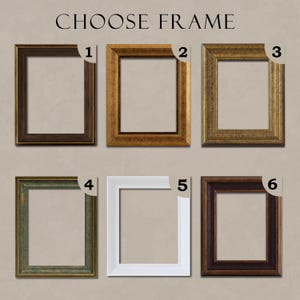 May include: A collection of six rectangular picture frames labeled with numbers one through six. The frames include a dark brown wood, a textured gold, a metallic bronze, a distressed green, a solid white, and a dark mahogany finish.