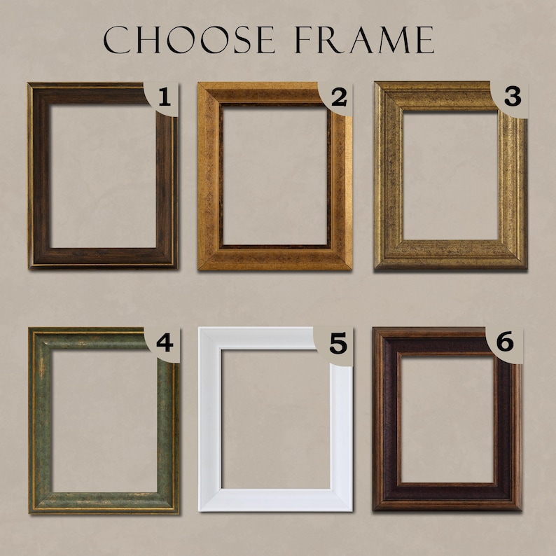 May include: A collection of six rectangular picture frames labeled with numbers one through six. The frames include a dark brown wood, a textured gold, a metallic bronze, a distressed green, a solid white, and a dark mahogany finish.