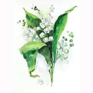 Lily of the Valley Painting Floral Original Watercolor White Flowers Wall Art May Lily by NatalyMak