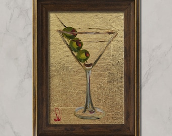 Dirty Martini Oil Painting Original Gold Leaf Cocktail Wall Art Bar Cart Decor Olive Gift