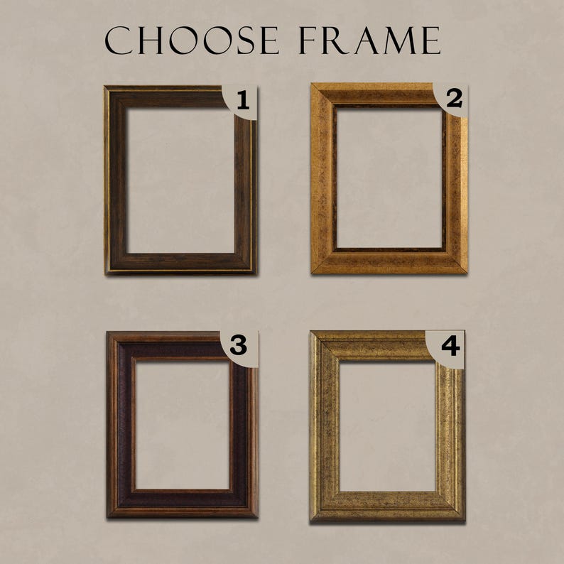 May include: Four rectangular picture frames arranged in a grid, labeled with numbers one through four. Frame one is dark brown, frame two is gold, frame three is a deep reddish-brown, and frame four is a light metallic gold. Text reads CHOOSE FRAME.