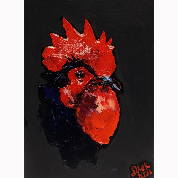 Rooster Oil Painting Bird Original Art Black Oil Painting Chicken Artwork Farm Bird Art by Nataly Mak