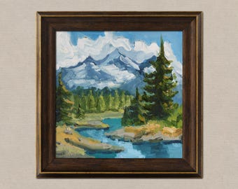 Rocky Mountains Original Oil Painting Colorado National Park Wall Art in Frame Forest and Mountain Landscape Artwork 8x8&#39;&#39; by Nataly Mak