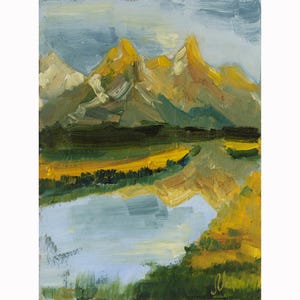May include: An oil painting on canvas depicting a landscape with jagged mountain peaks in shades of yellow and grey, a dark green forest line, a vibrant yellow field, and a light blue body of water in the foreground with visible brushstrokes.