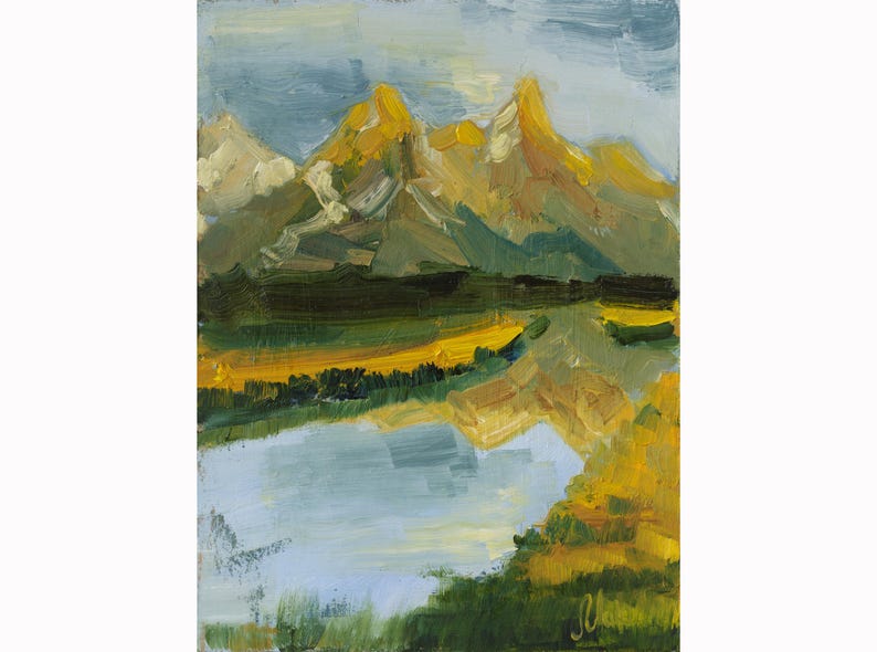 May include: An oil painting on canvas depicting a landscape with jagged mountain peaks in shades of yellow and grey, a dark green forest line, a vibrant yellow field, and a light blue body of water in the foreground with visible brushstrokes.