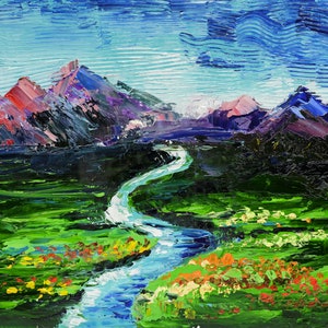 Alaska Mountain Oil Painting  Mountain River Original Wall Art Impressionist Painting Landscape Oil Artwork 7x9.5'' by Nataly Mak