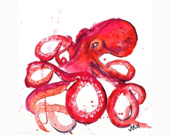 Octopus Painting Underwater Original Watercolor Kraken Painting Red Octopus Bathroom Art by NatalyMak