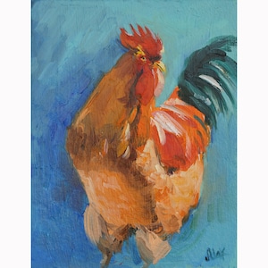 Rooster Oil Painting in Frame Chicken Original Wall Art Bird Painting Impasto Artwork 6x8'' by NatalyMak