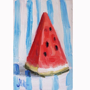 Watermelon Oil Painting Fruit Slices Original Wall Art Small Impasto Artwork 4x6&#39;&#39; by NatalyMak