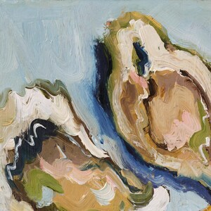 May include: An oil painting featuring two open oysters against a light blue background. The shells are rendered with thick, visible brushstrokes in shades of cream, tan, dark brown, and olive green, with small accents of soft pink and bright yellow.