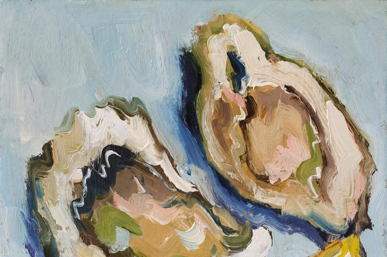 May include: An oil painting featuring two open oysters against a light blue background. The shells are rendered with thick, visible brushstrokes in shades of cream, tan, dark brown, and olive green, with small accents of soft pink and bright yellow.