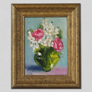 Lily of the Valley Original Painting in Frame Flowers Bouquet in Vase Wall Art  Rose Oil Artwork 8x6'' by NatalyMak