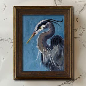 Blue Heron Oil Painting Bird Original Wall Art in Frame Artwork House Gift Home Decor by Nataly Mak