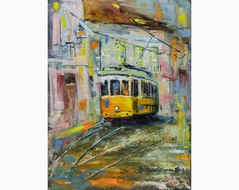 Lisbon Painting Portugal City Original Wall Art  Yellow Tram Oil Painting Abstract Cityscape Artwork 16x12&#39;&#39; by NatalyMak