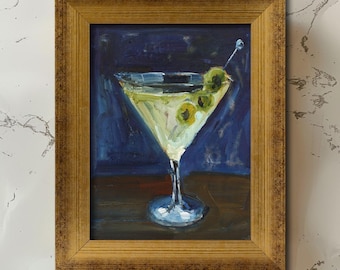 Dirty Martini Painting Framed Still Life Original Wall Art Olive  Cocktail Drink Alcohol Decor