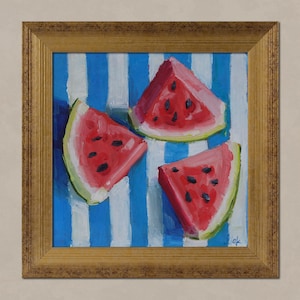 Watermelon Slices Oil Painting in Frame Fruit Still Life Wall Art Impasto Kitchen Wall Decor by NatalyMak