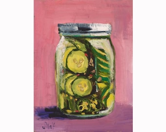 Pickles Jars Original Oil Painting in Frame Cucumbers Still Life Wall Art Food Artwork Vegetable Home Decor by NatalyMak
