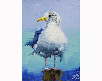 Gull Oil Painting Seagull Original Art Bird Artwork Seascape Artwork by NatalyMak