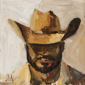 Cowboy Painting in Frame Western Original Wall Art Texas Painting in Frame Horse Painting Desert Southwest Art 8x8&#39;&#39; by NatalyMak