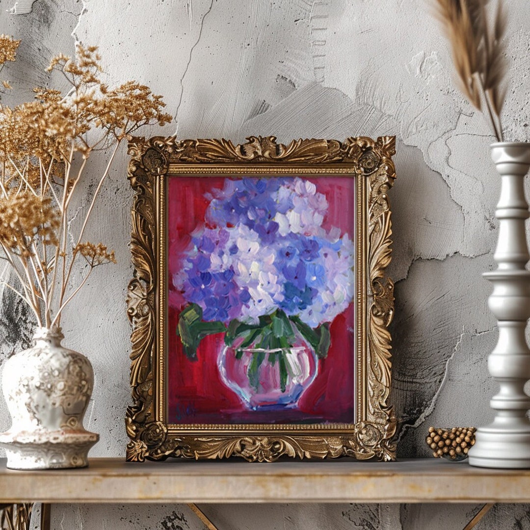 Hydrangea Oil Painting in Frame Small Flower in Vase Original Wall Art ...