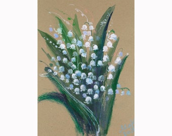 Lily of the Valley Painting Floral Original Wall Art White Flowers Artwork May Lily 12x8'' by NatalyMak