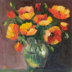 California Poppy Oil Painting Flowers Bouquet Original Artwork in Frame Yellow Poppy Impasto Wall Art 8x8'' by Nataly Mak