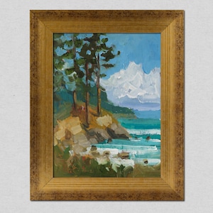 Lake Tahoe Oil Painting in Frame Pine Trees Wall Art Colorado National Park Artwork Forest Landscape Art 8x6&#39;&#39; by Nataly Mak
