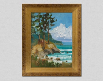 Lake Tahoe Oil Painting in Frame Pine Trees Wall Art Colorado National Park Artwork Forest Landscape Art 8x6&#39;&#39; by Nataly Mak