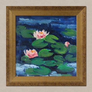 Water Lilies Oil Painting in Frame Lotus Original Wall Art Monet Pond Abstract Expressionist Wall Art Flower Artwork 6x6'' by NatalyMak