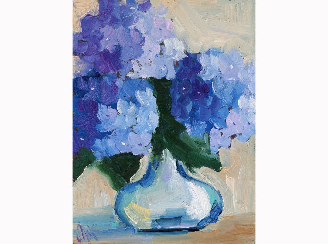 Hydrangea Oil Painting in Frame Small Flower in Vase Original Wall Art ...