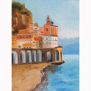 Amalfi Painting Positano Coast Original Wall Art Italy Varenna Landscape Canvas Painting Home Decor 16x12&#39;&#39; by Nataly Mak