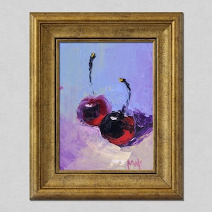 Cherry Oil Painting in Frame Small Fruit Original Art Tiny Impasto Still Life Artwork 4x6&#39;&#39; by NatalyMak