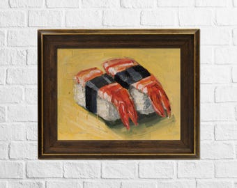 Sushi Oil Painting Framed Japanese Food Still Life, Modern Kitchen Art 8x6''