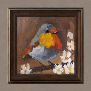 Robin Oil Painting Bird Original Wall Art American Red Robin Wall Art With Frame House Gift Home Decor 6x6'' by NatalyMak
