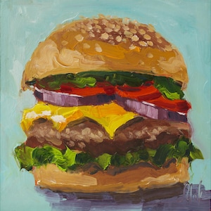 Burger Oil Painting in Frame Original Hamburger Food Wall Art Modern Kitchen Decor Still Life Wall Art 6x6&#39;&#39;  by NatalyMak