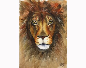 Lion Painting Animal Portrait Original Watercolor Leo Gift For Husband Artwork Dining Room Wall Art 12x16'' by NatalyMak