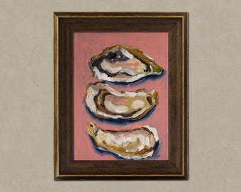Oyster Oil Painting Framed Shell Original Wall Art Seashell Decor Pearl Seafood Artwork