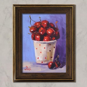 Cherry Oil Painting in Frame Fruit Original Wall Art in Frame Impasto Still Life Artwork Dining Room Wall Art by NatalyMak