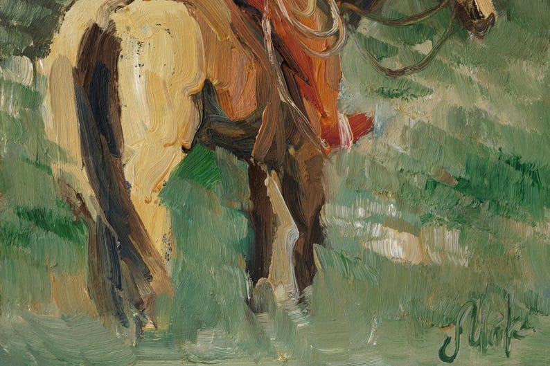 May include: An oil painting on canvas depicting a tan and brown horse standing in a field of green grass. The horse is shown from the rear, featuring visible brushstrokes and a signature in the bottom right corner. The scene uses earthy tones.