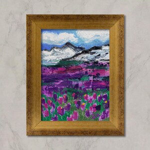 Mount Shasta Oil Painting: Crocus & Mountain Flowers, Framed Original Art