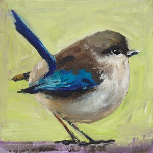 Fairy-wren Oil Painting Bird Original Small Animal Wall Art House Gift Home Decor by NatalyMak