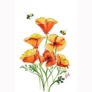 California poppy print poppy painting California wildflowers artwork Yellow poppy watercolor by Nataly Mak