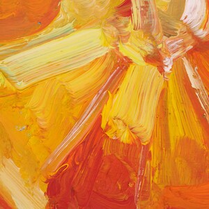 Original oil painting of juicy orange slices, elegantly presented in a frame. The artwork is captured in a vibrant impressionist style with bold, thick brushstrokes that highlight the glistening texture of the fruit. Featuring a bright citrus palette and a beautiful play of light, this small fruit still life is a perfect pop of color for a modern kitchen or a sunny dining room wall.