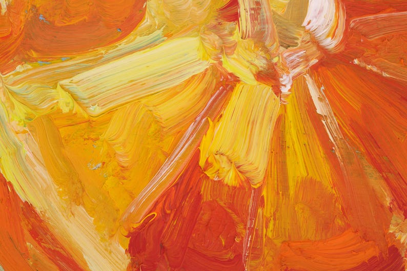 Original oil painting of juicy orange slices, elegantly presented in a frame. The artwork is captured in a vibrant impressionist style with bold, thick brushstrokes that highlight the glistening texture of the fruit. Featuring a bright citrus palette and a beautiful play of light, this small fruit still life is a perfect pop of color for a modern kitchen or a sunny dining room wall.