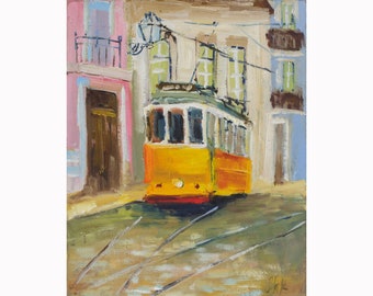 Lisbon Painting in Frame Portugal City Original Wall Art Yellow Tram Oil Painting Abstract Cityscape Artwork 10x8&#39;&#39; by NatalyMak