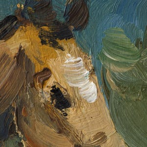 May include: An oil painting detail featuring thick, visible brushstrokes in shades of ochre, brown, black, white, and muted green. The texture is heavy and impasto, showing the physical application of paint across the canvas surface in varied directions.