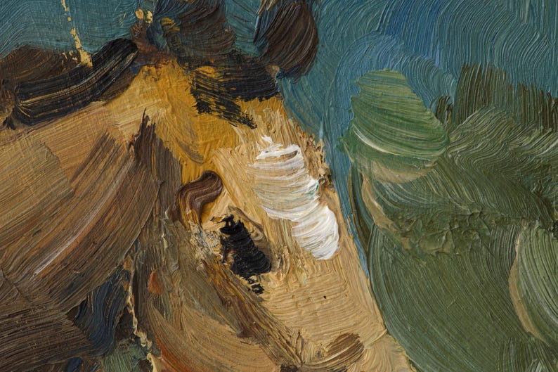 May include: An oil painting detail featuring thick, visible brushstrokes in shades of ochre, brown, black, white, and muted green. The texture is heavy and impasto, showing the physical application of paint across the canvas surface in varied directions.